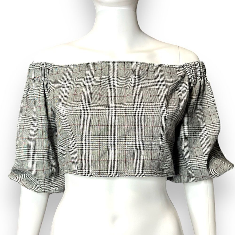 Favlux Puffy Sleeve Plaid Off The Shoulder Crop Top Grey White Size Small
